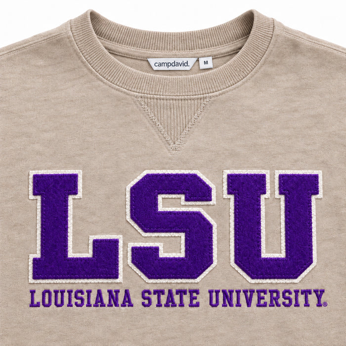 LSU Tigers Camp David Applique Embroidered Fleece Crewneck Sweatshirt - Safari Heather