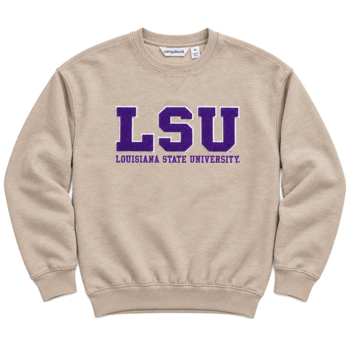 LSU Tigers Camp David Applique Embroidered Fleece Crewneck Sweatshirt - Safari Heather