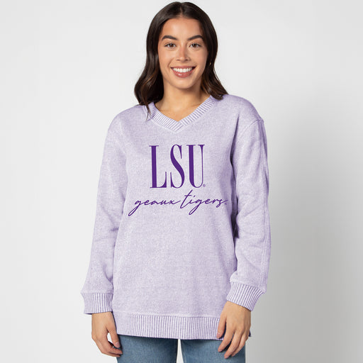 LSU Tigers Chica-d Stack Script V-Neck Comfy Tunic Sweater Sweatshirt - Purple
