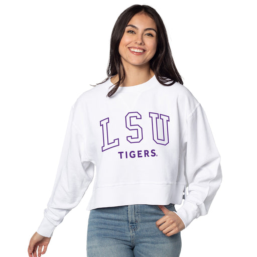 LSU Tigers Chicka-d Economics Corded Boxy Crop Crewneck Sweatshirt - White