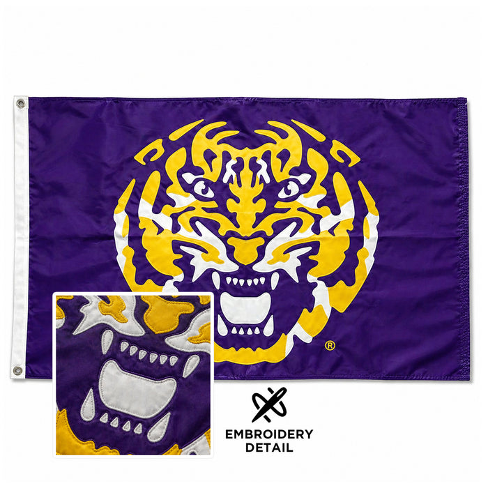 LSU Tigers Deluxe Embroidered Sewn Applique Tiger Head 3' x 5' Flag - Purple