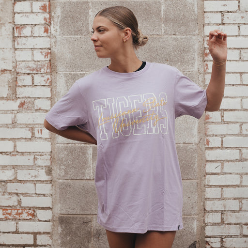 LSU Tigers Gameday Social LSU Owens Outline Oversized Short Sleeve T-Shirt - Lavender