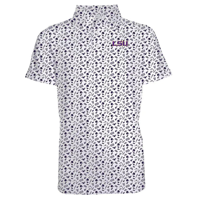 LSU Tigers Garb Tom Football Print Performance Kids Polo - White / Purple