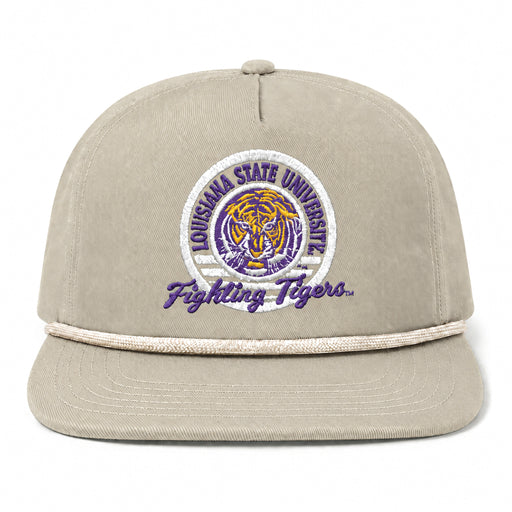 LSU Tigers Image One Vintage Emblem Five Panel Snapback Pigment Dyed Rope Hat - Khaki