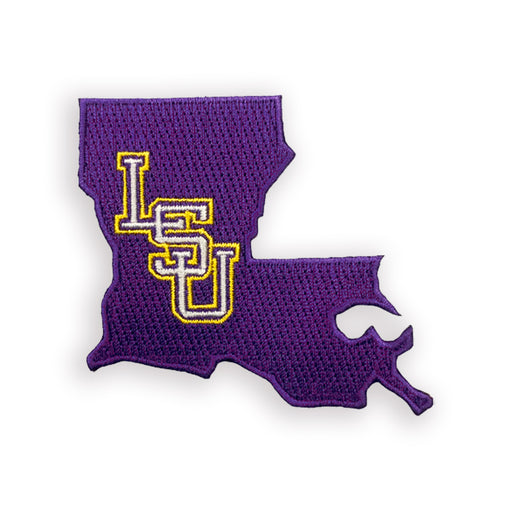 LSU Tigers Iron On Embroidered Patch - Interlock State Outline
