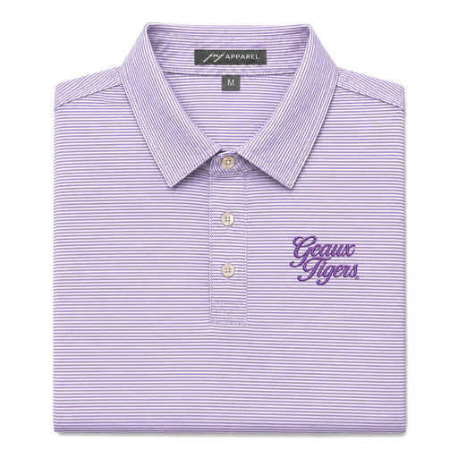 LSU Tigers JNJ Apparel Geaux Tigers Script Mini Stripe Performance Stretch Polo - Purple