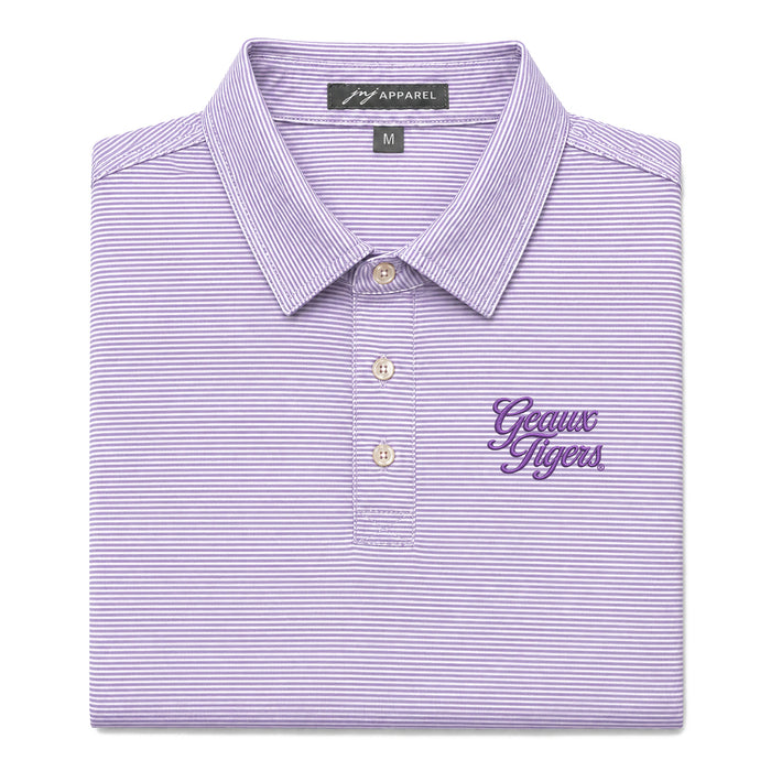 LSU Tigers JNJ Apparel Geaux Tigers Script Mini Stripe Performance Stretch Polo - Purple