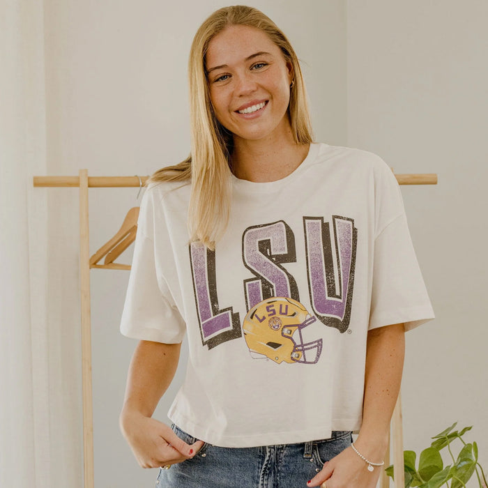 LSU Tigers Livy Lu Football Helmet Fade Boyfriend Fit Crop T-Shirt - Off White (Natural)