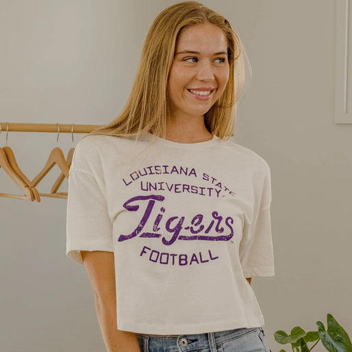 LSU Tigers Livy Lu Football Stencil Crop T-Shirt - Off White
