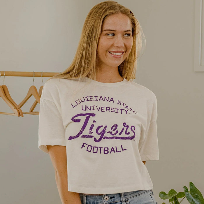 LSU Tigers Livy Lu Football Stencil Crop T-Shirt - Off White