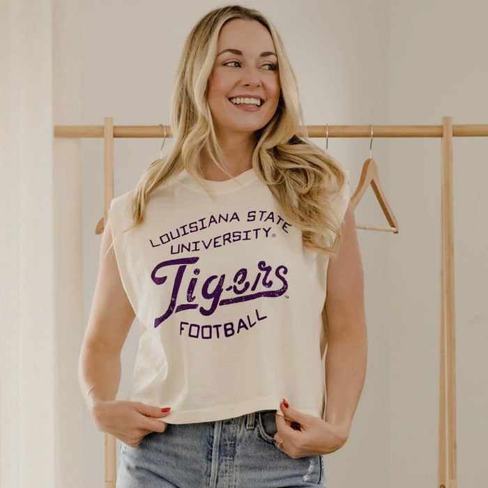 LSU Tigers Livy Lu Football Stencil Heavyweight Muscle T-Shirt / Tank Top - Off White (Natural)