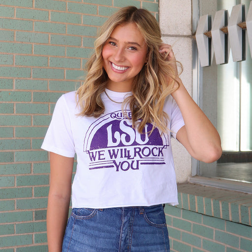 LSU Tigers Livy Lu Queen We Will Rock You Crop T-Shirt - White