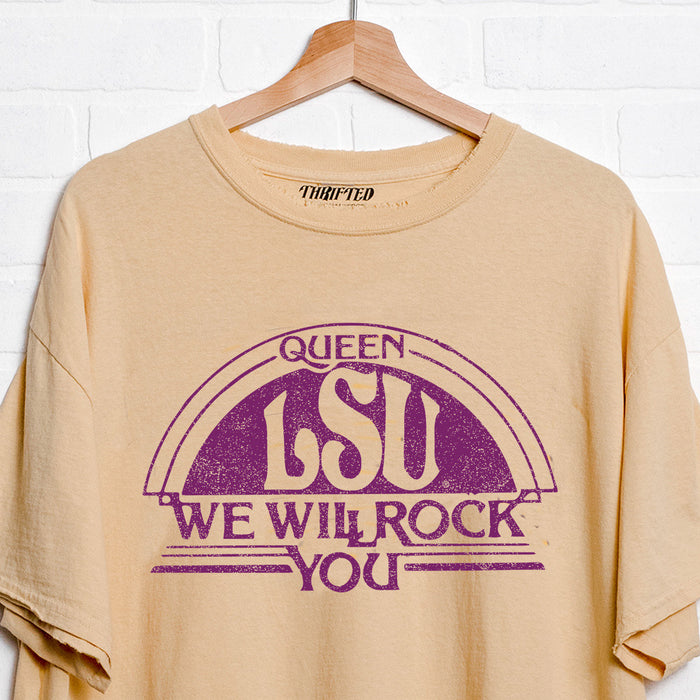 LSU Tigers Livy Lu Queen We Will Rock You Oversized Distressed Thrifted T-Shirt - Yellow