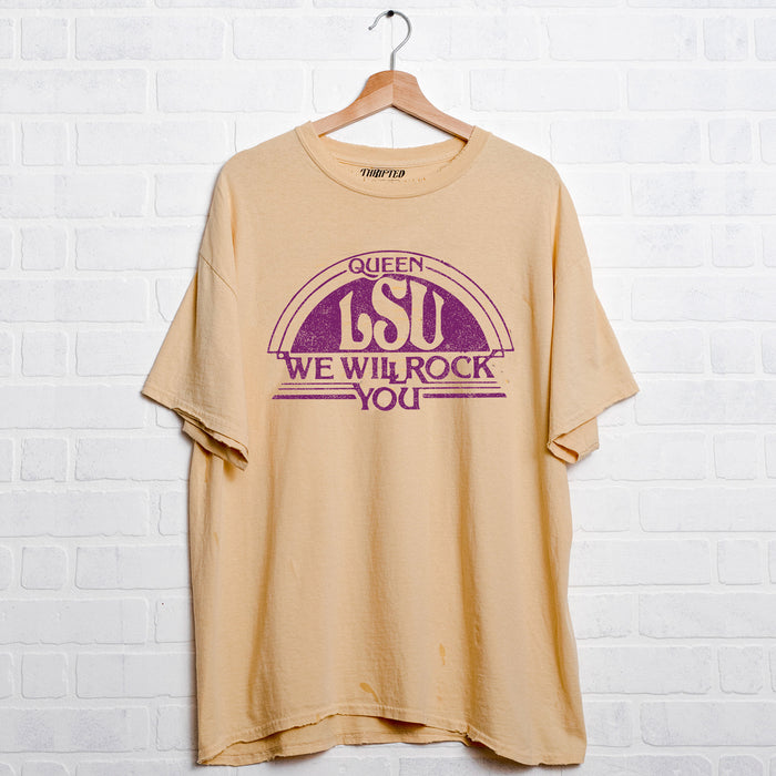 LSU Tigers Livy Lu Queen We Will Rock You Oversized Distressed Thrifted T-Shirt - Yellow