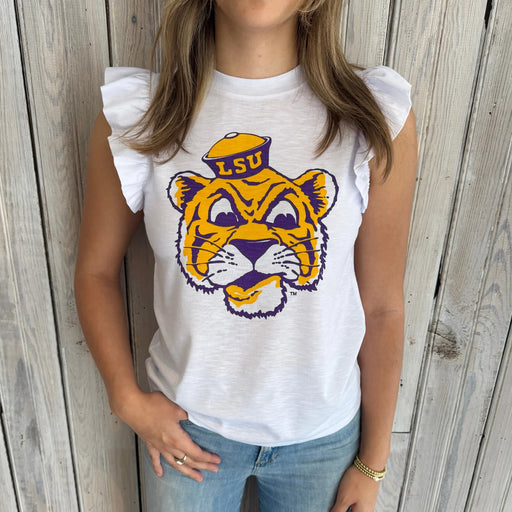 LSU Tigers NOLA Mercantile Beanie Mike Flutter Sleeve T-Shirt - White