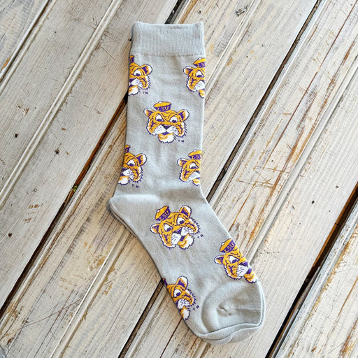 LSU Tigers NOLA Mercantile Beanie Mike Pattern Woven Socks - Grey