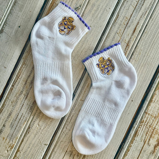 LSU Tigers NOLA Mercantile Embroidered Women's Scallop Beanie Mike Socks - White