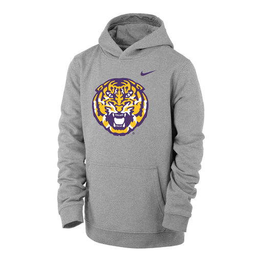 LSU Tigers Nike Club Fleece Tiger Head Youth Pullover Hoodie Sweatshirt - Heather Grey
