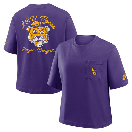 LSU Tigers Nike Interlock Beanie Mike Women's Boxy Pocket T-Shirt - Purple
