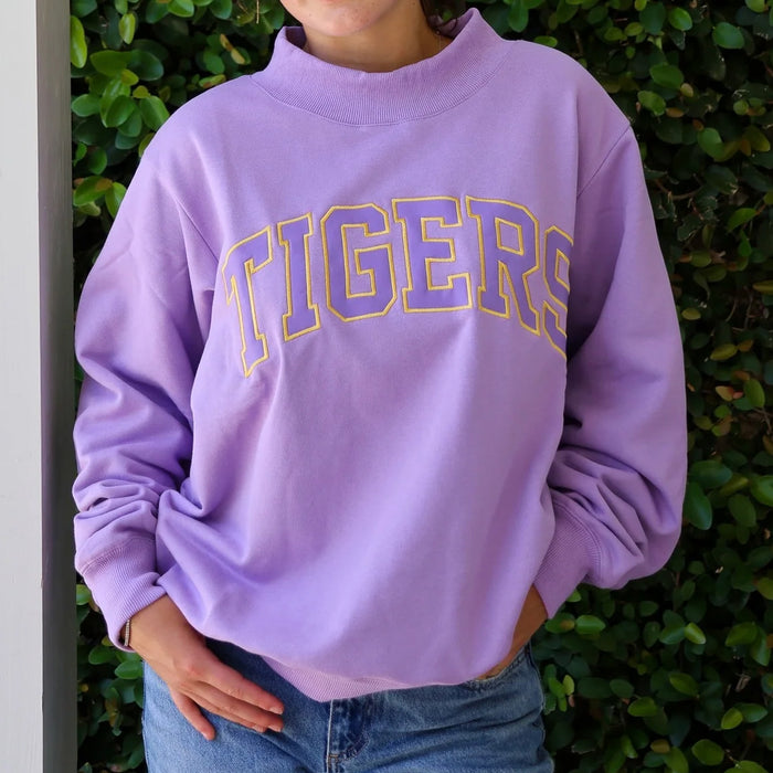 LSU Tigers Nola Mercantile Tigers Arch Varsity Mockneck Sweatshirt - Lavender