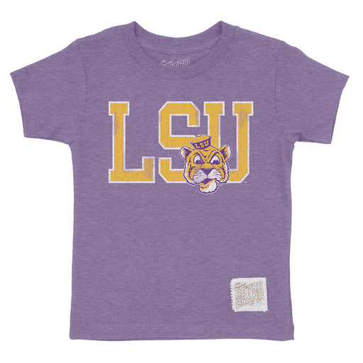 LSU Tigers Retro Brand Beanie Mike Block Kids Tri-Blend T-Shirt - Purple
