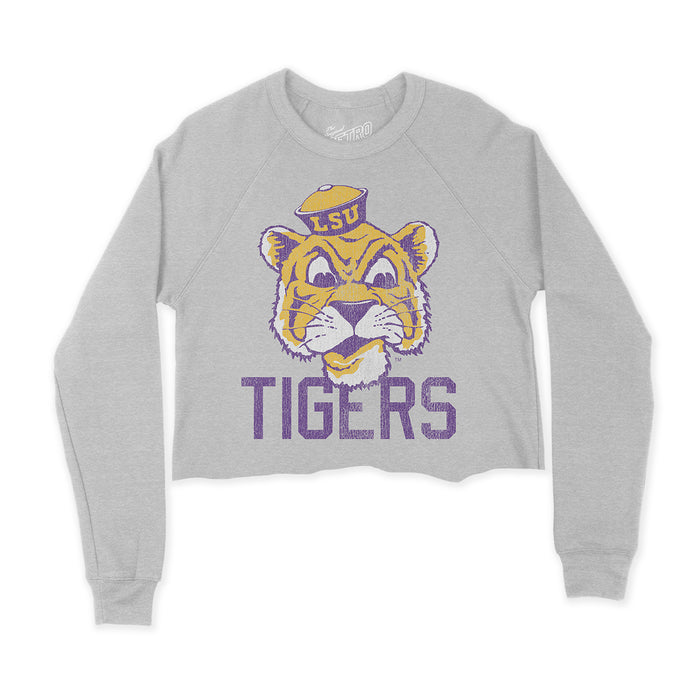 LSU Tigers Retro Brand Women's Beanie Mike Tigers Cut Off Crop Crewneck Sweatshirt - Grey