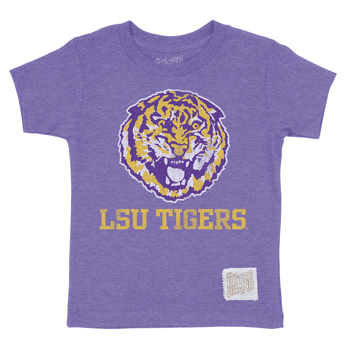 LSU Tigers Retro Brand Round Vault Tigers Text Kids Tri-Blend T-Shirt - Royal Purple