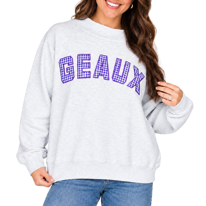 LSU Tigers Scarlet & Gold The Mallory Gingham Geaux Applique Mockneck Sweatshirt - Ash Grey