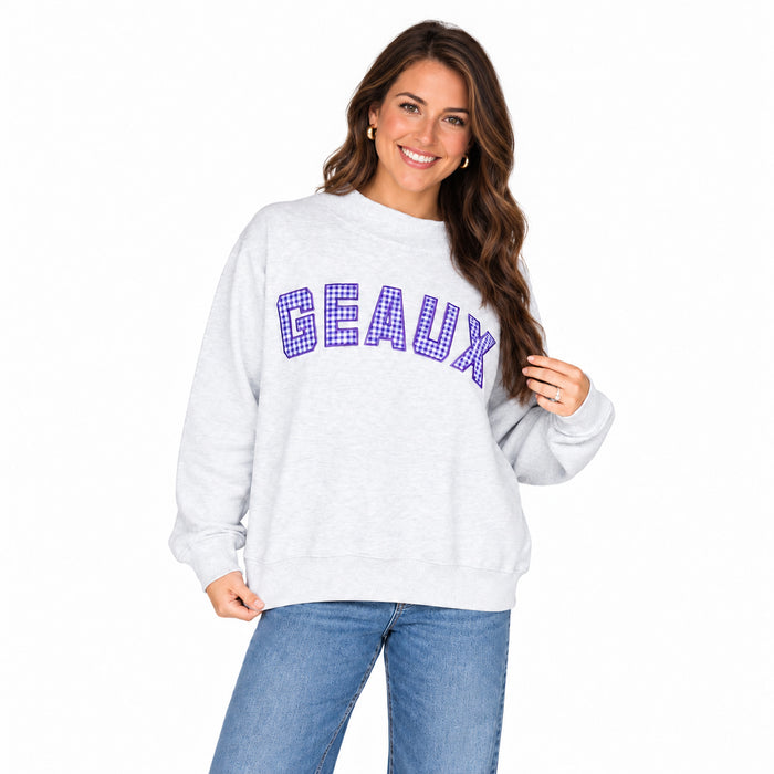 LSU Tigers Scarlet & Gold The Mallory Gingham Geaux Applique Mockneck Sweatshirt - Ash Grey