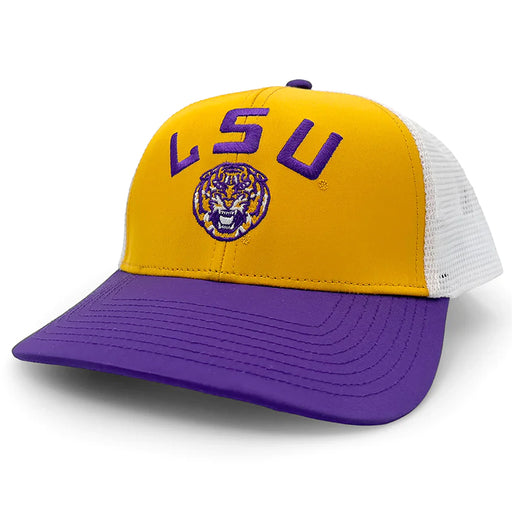 LSU Tigers Section 103 Tiger Arch Six-Panel Two-Tone Mesh Trucker Hat - Gold / Purple