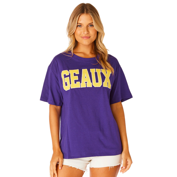 LSU Tigers Stewart Simmons Geaux Varsity Boyfriend Oversized Applique T-Shirt - Purple