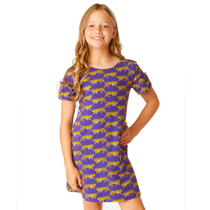 LSU Tigers Stewart Simmons Tiger Print Ruffle Sleeve Youth Dress - Purple