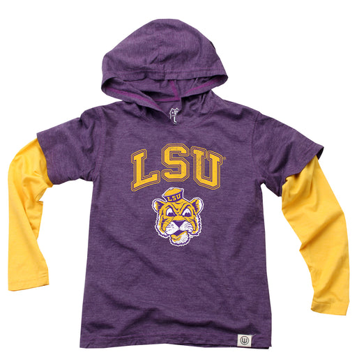 LSU Tigers Wes & Willy Beanie Mike 2in1 Tri-Blend Hooded Long Sleeve Hooded T-Shirt - Purple / Gold