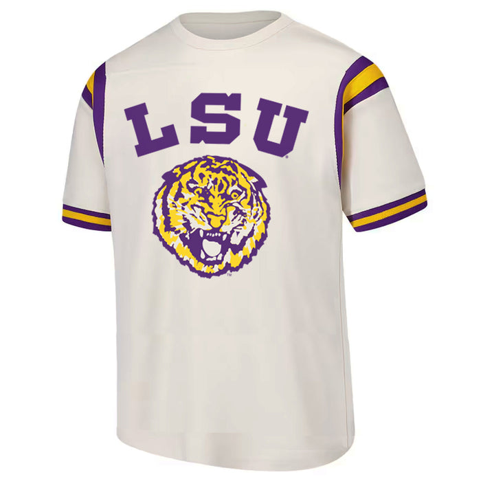 LSU Tigers Wes & Willy Round Vault Arch Colorblock Yoke Applique Stripe T-Shirt - Natural
