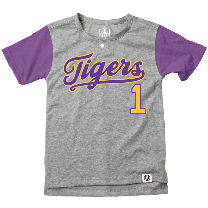 LSU Tigers Wes & Willy #1 Script Tigers Kids Short Sleeve Henley T-Shirt - Purple / Grey