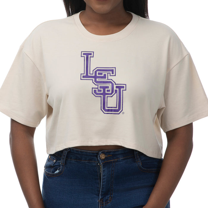 LSU Tigers ZooZatZ Baseball Interlock Boxy Crop T-Shirt - Sandstone