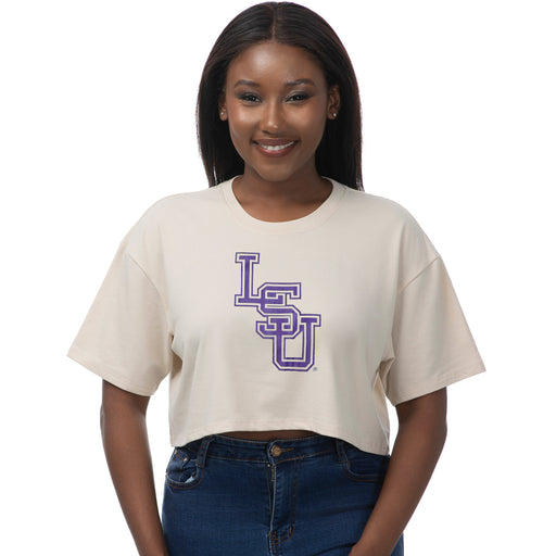 LSU Tigers ZooZatZ Baseball Interlock Boxy Crop T-Shirt - Sandstone