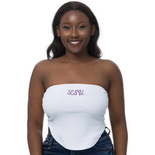 LSU Tigers ZooZatZ Embroidered Ruched Ribbed Tube Top - White
