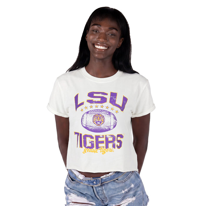 LSU Tigers ZooZatZ Football Primetime Cuffed Sleeve Crop T-Shirt - Cream