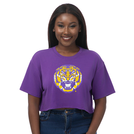 LSU Tigers ZooZatZ Tiger Head Boxy Crop T-Shirt - Purple
