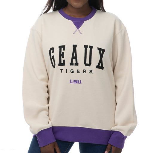 LSU Tigers ZooZatZ Women's Geaux Tigers Contrast Crewneck Sweatshirt - Sand / Purple