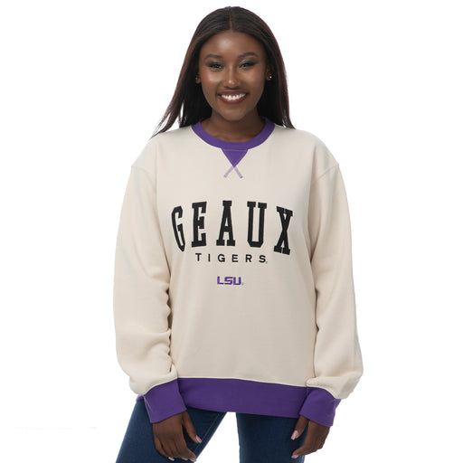 LSU Tigers ZooZatZ Women's Geaux Tigers Contrast Crewneck Sweatshirt - Sand / Purple
