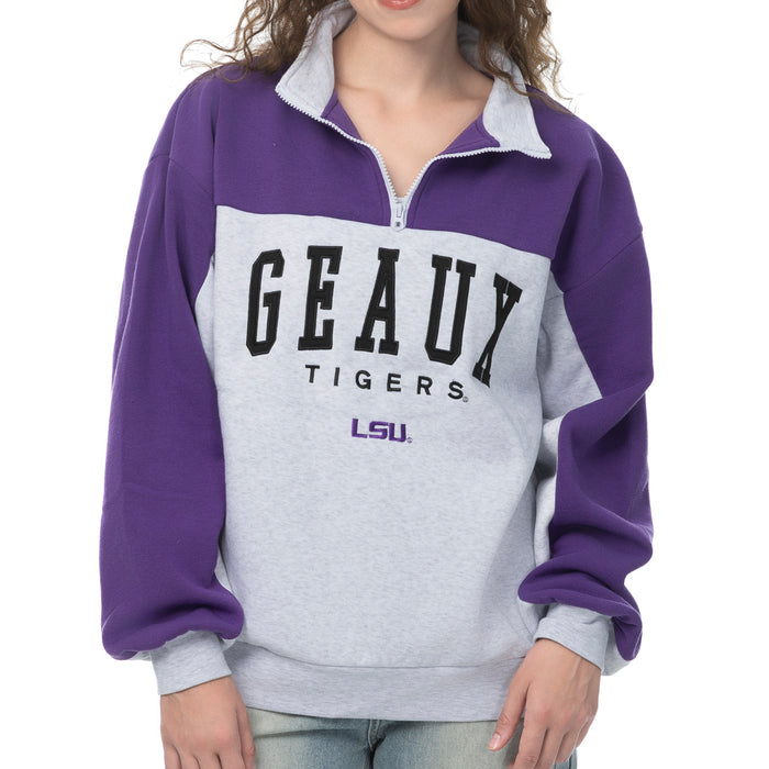 LSU Tigers ZooZatZ Women's Geaux Tigers Huddle 1/4 Zip Sweatshirt - Ash Grey / Purple