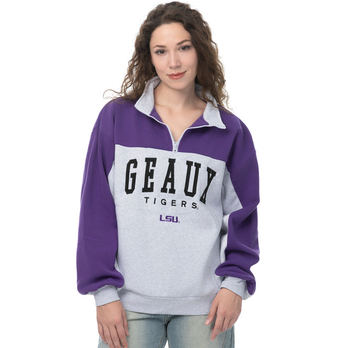 LSU Tigers ZooZatZ Women's Geaux Tigers Huddle 1/4 Zip Sweatshirt - Ash Grey / Purple