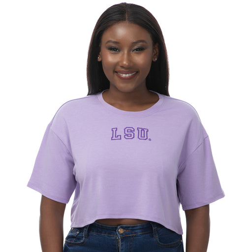 LSU Tigers ZooZatZ Women's Tigers Small Block Puff Ink Boxy Crop T-Shirt - Lavender