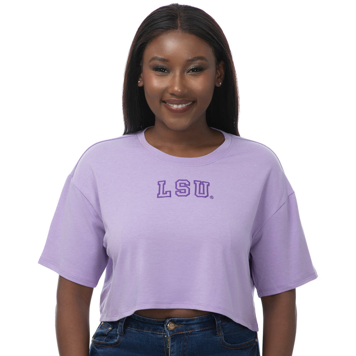 LSU Tigers ZooZatZ Women's Tigers Small Block Puff Ink Boxy Crop T-Shirt - Lavender