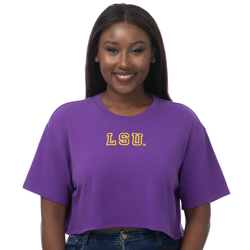 LSU Tigers ZooZatZ Women's Tigers Small Block Puff Ink Boxy Crop T-Shirt - Purple