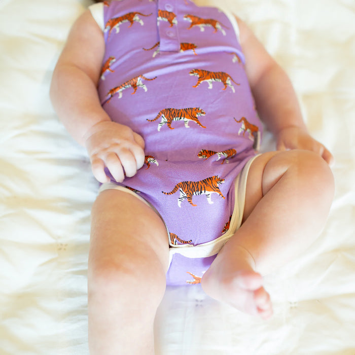 Southern Slumber Tiger Bamboo Henley Onesie with Snaps - Purple