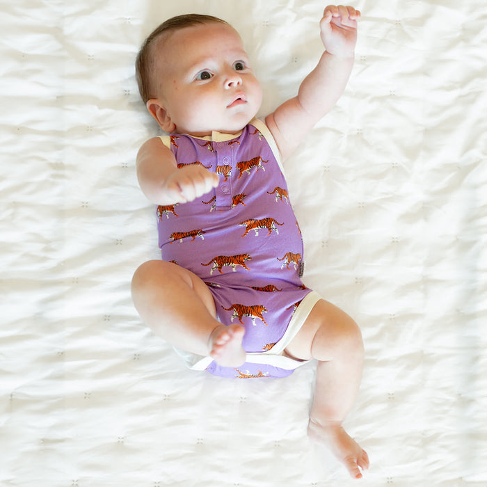 Southern Slumber Tiger Bamboo Henley Onesie with Snaps - Purple
