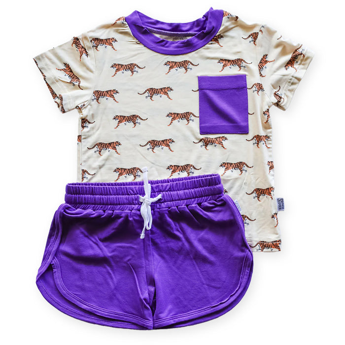 Southern Slumber Tiger Bamboo Varsity Short Set / T-shirt Set - Natural
